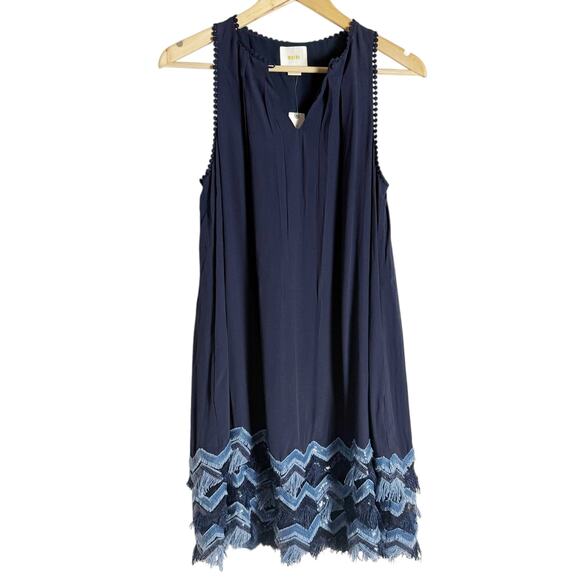 Maeve Anthropologie Navy Fringed Hem Sleeveless Swing Mini Dress Size 2 - Picture 5 of 13